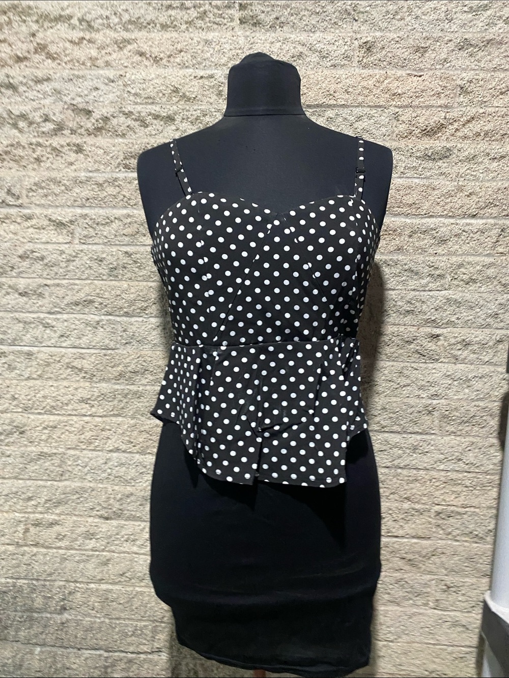 Xtaren Black and White Polka Dot Peplum Midi Dress